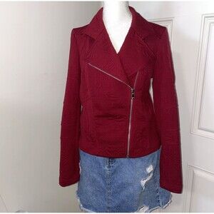 Express Womens Red Lacquer Embossed Asymmetrical Zip Textured Moto Jacket Size M